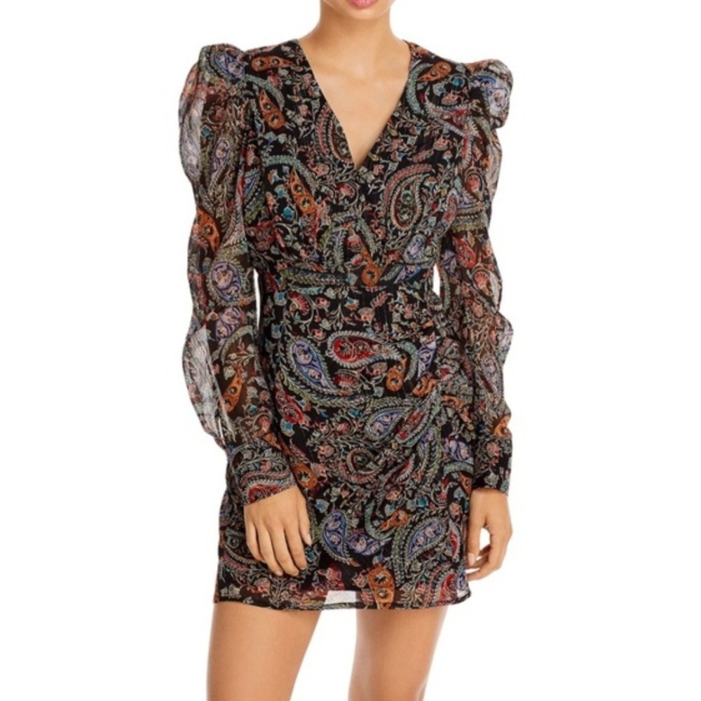 AQUA Paisley Puff Sleeve Ruched V-Neck Mini Dress Multicolor Black Large